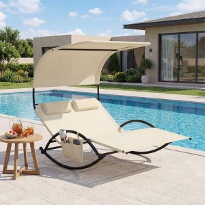 Dvigulis saulės gultas su stogeliu, šonine kišene ir 2 nuimamais galvos atlošais (Smėlis)